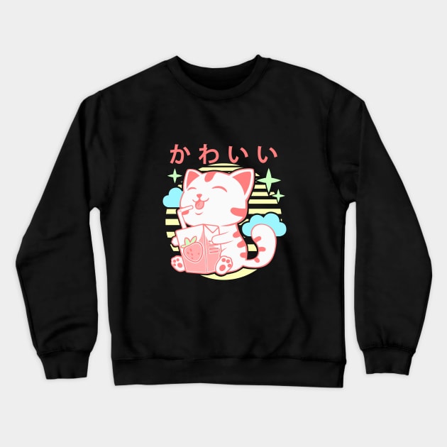 Kawaii Aesthetics Japanese Strawberry Milk Shake かわいい Cat - Pink - Strawberry Milk Crewneck Sweatshirt by DuskySavage